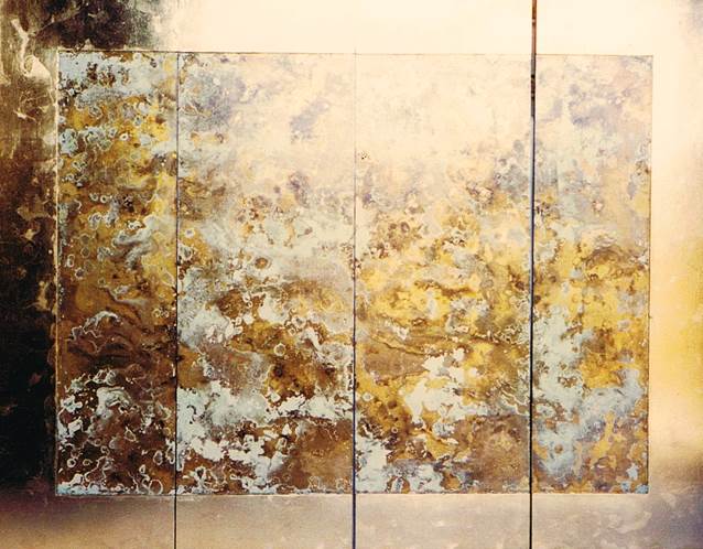 Wall mounted four panel screen. Chemically treated layers of metal leaf on near-white base colour. IMAGES BELOW SHOW SAMPLES MADE ON THE DAY TO TEST THE CHEMICAL'S STRENGTH.
