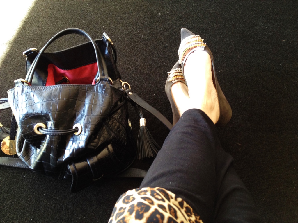Style Arc, Elle Pant. Again. This time in black Ponti, worn with vintage Leopard print shift. Missoni shoes (mmmmmMissoni) and Lancel handbag.