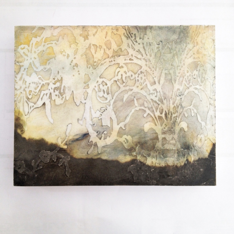 Its a landscape. Handcut paper,& pigment on 8"x10" deep edge gesso board.