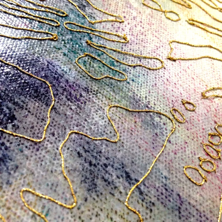 Gold thread embroidery on landscape painting on canvas