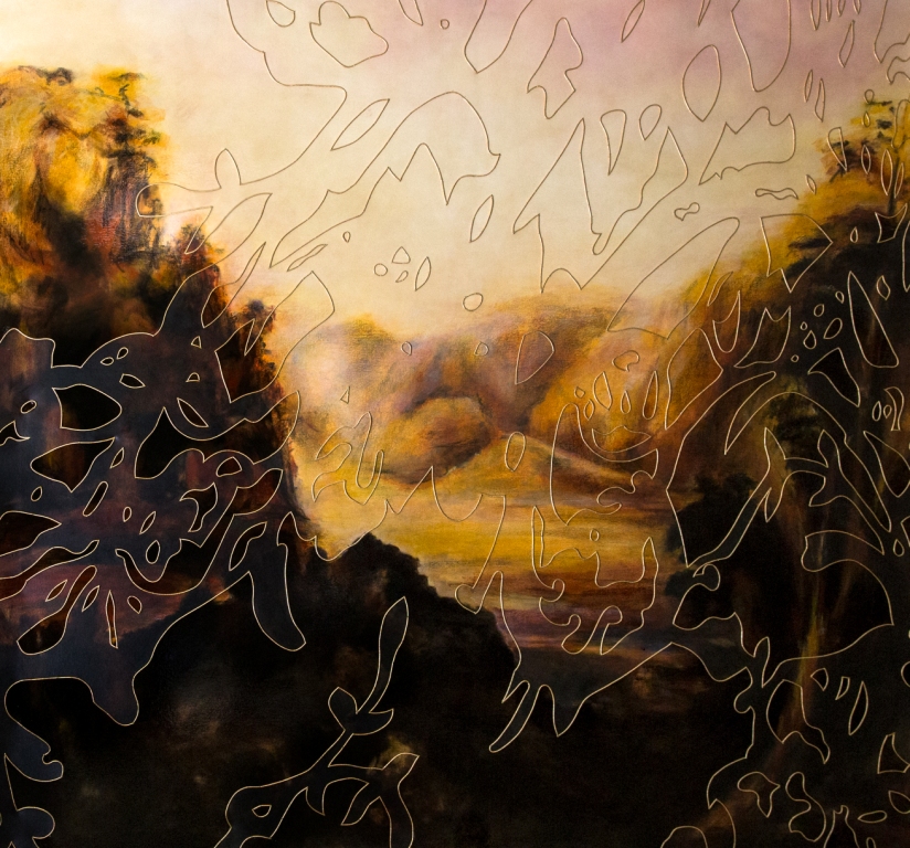 Et In Arcadia Ego (Wiseman's Lament) 1.7x1.9m. Acrylic, oil paint, pastels, polyurethane lacquer, gilded 2mm plastic tubing, brassed steel pins on canvas.