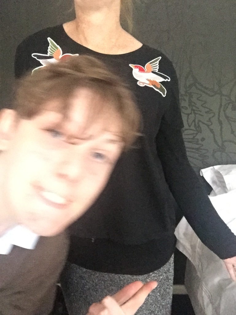 Made a nice outfit. Lurex pencil skirt self-drafted pattern/ Grainline Scout Tee with embroidery patches. Little birdies. And Him. Very funny.