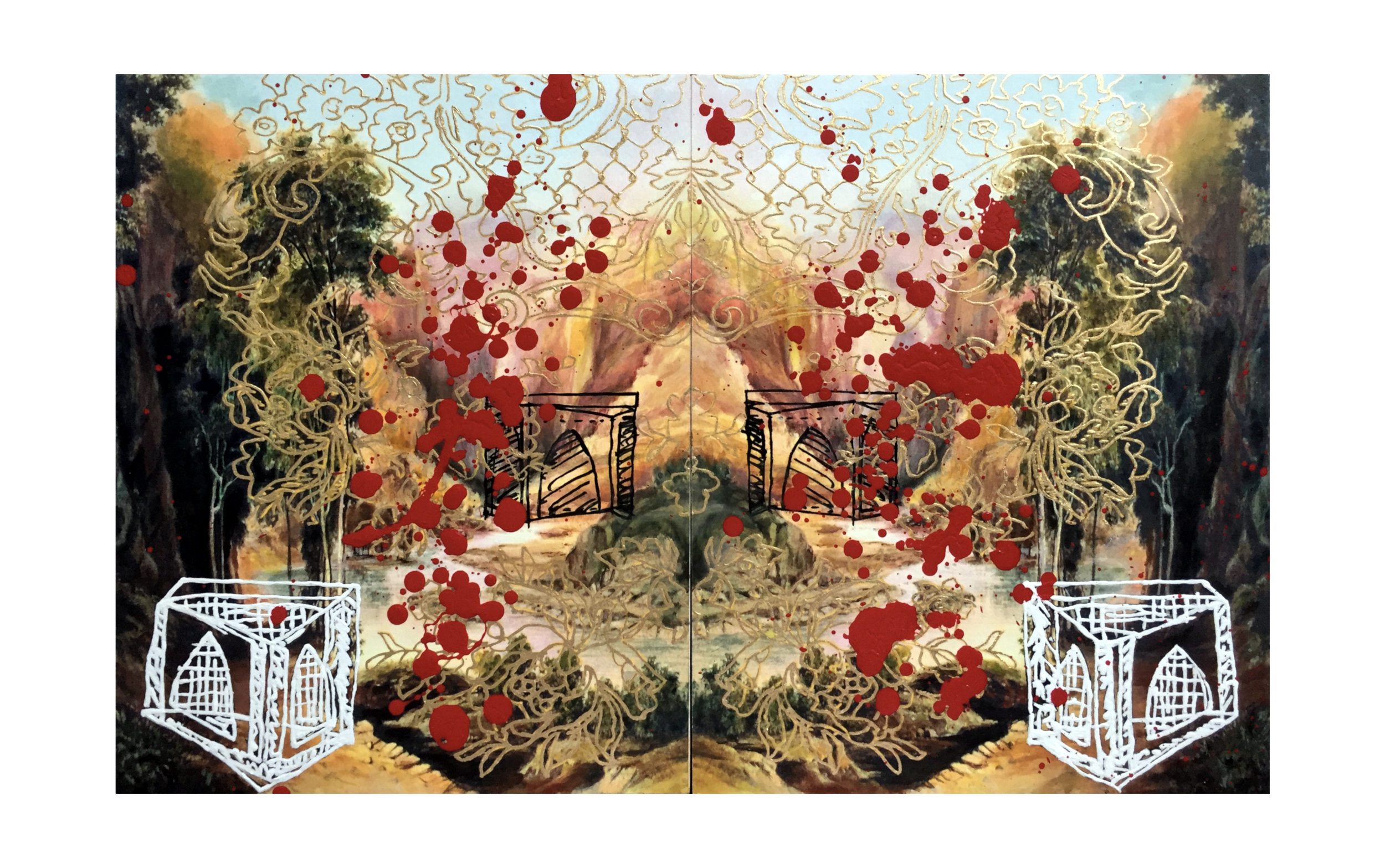 A Singular Moment of Forever. Acrylic, oil, ink, watercolour, gold metal leaf on rag paper mounted on board. Diptych, two 8x10” boards, 254x406mm overall I finished this piece two days after our dog died. It uncapped a torrent of emotion in me, like I felt the grief for every loss I had ever known. I hesitate to admit that in case others think it petty and disproportionate response to the actual event. I’d already created the main image, with elements that held personal meanings and wider observations on colonialism – overabundant landscapes, houses representing self, gold lace diversion – which suddenly seemed like empty gestures in the face of my losses. The red, spontaneous eruption of raw, violent grief felt like the least I could do.
