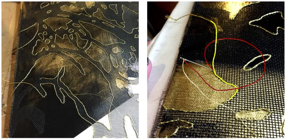 Acrylic, pastels on gold metal leaf, fiberglass mesh, DMC thread on stretched canvas 400x400mm