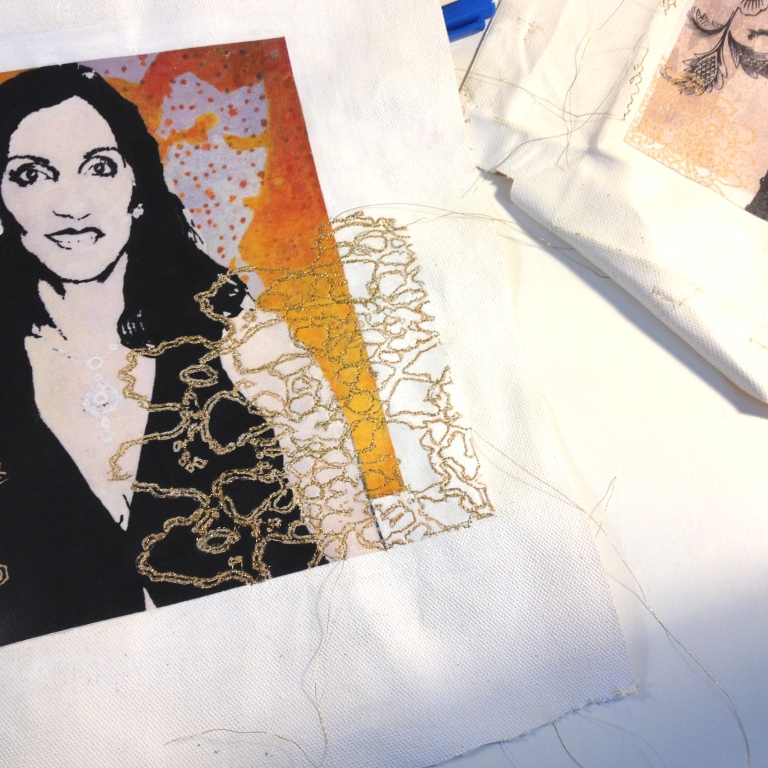 Portrait of Femida H [sample gold thread machine embroidery]