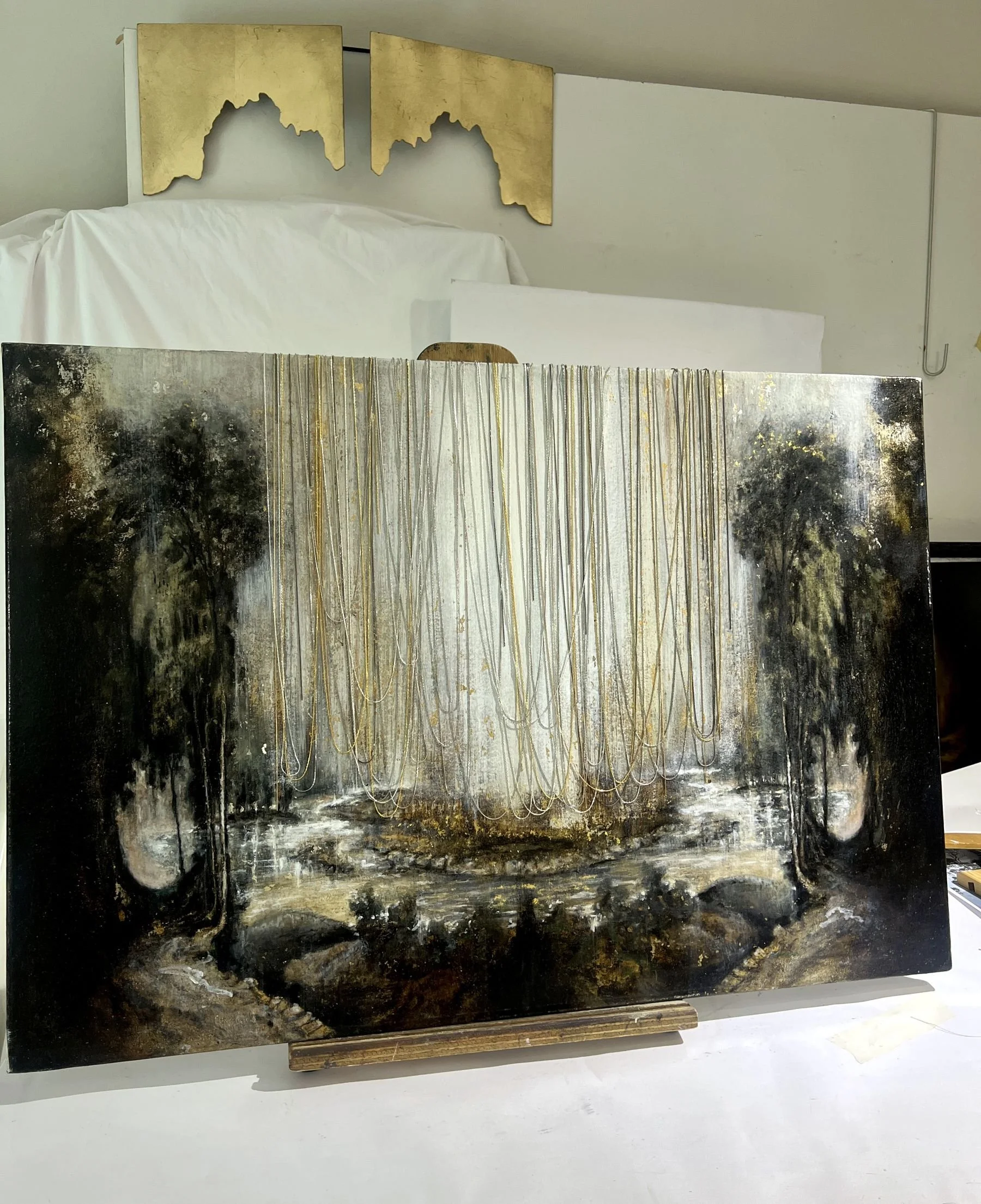Studio; After the Rain. Oils on gold and white gold leaf, gold & silver plated chain