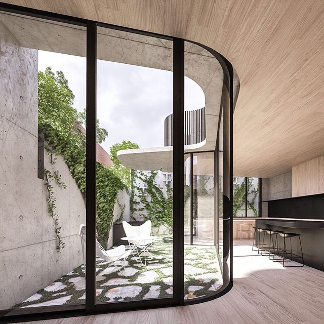 @auhaus #barbicanhouse A tiny pocket site on a cobbled laneway. A concrete perimeter wall encases the site, opening up to carved interior and courtyard spaces.