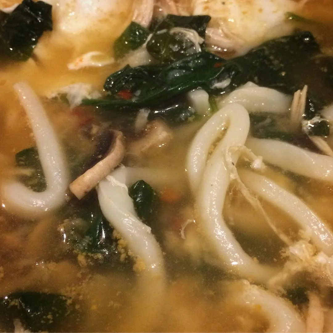 A bulked-up version for a main meal: Basic soup with chicken, poached egg, chilli, black pepper, turmeric and udon noodles. Make sure you have tissues handy for watery eyes and runny noses.