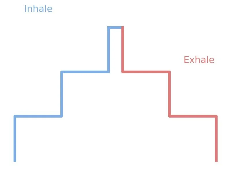 Line diagram showing rising steps for inhalation and pauses, and then steps going down for exhalations and pauses