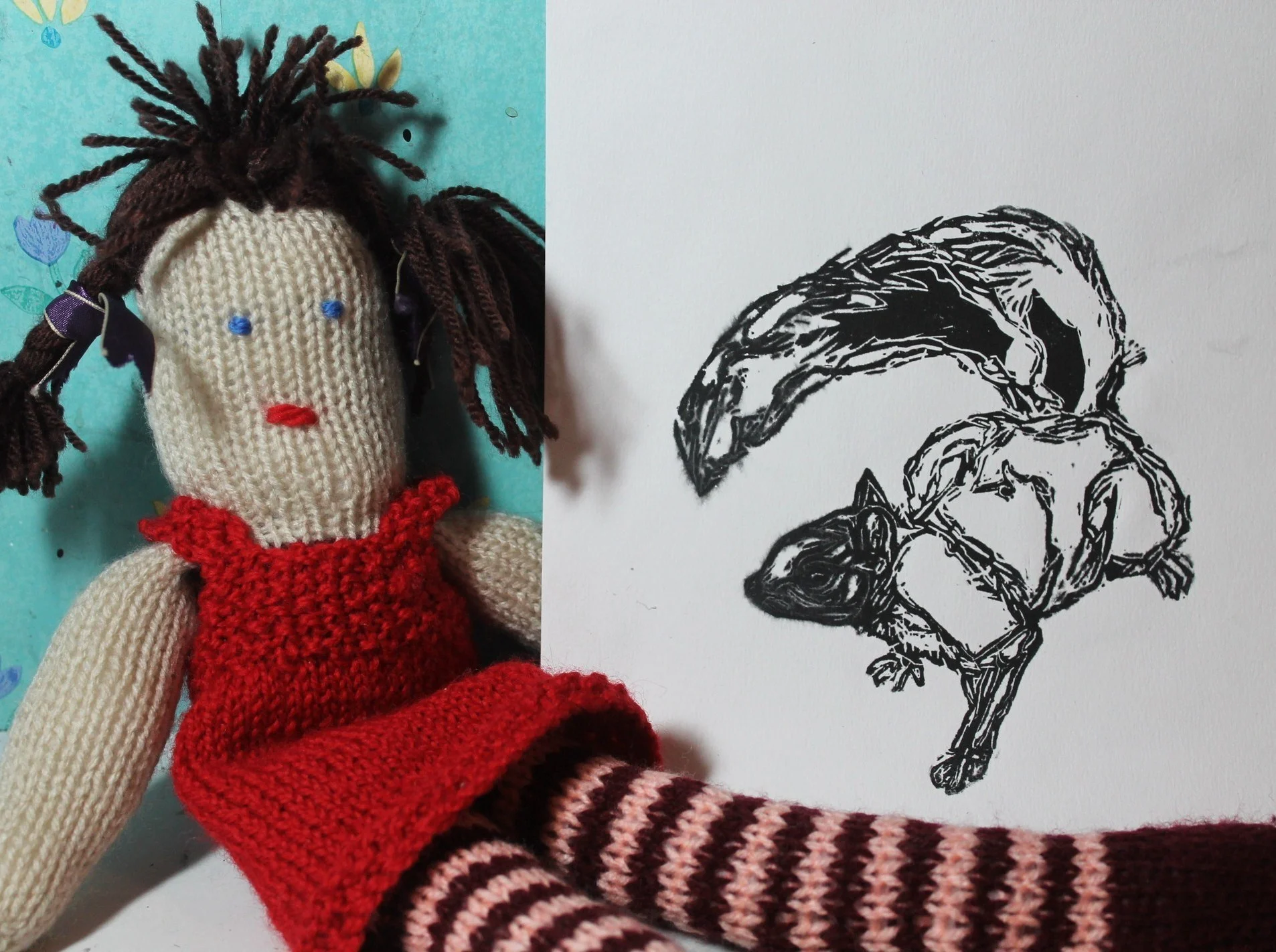Modelled very nicely by knitted Laura, and yes that is my horrible wallpaper.