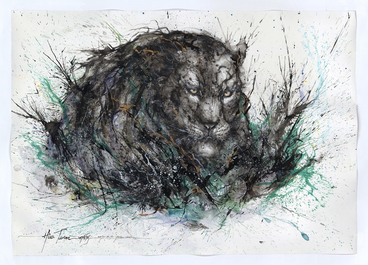  The leopard crossing the river (纸本水墨 •过江豹) © Hua Tunan (画图男) huatunan.tumblr.com