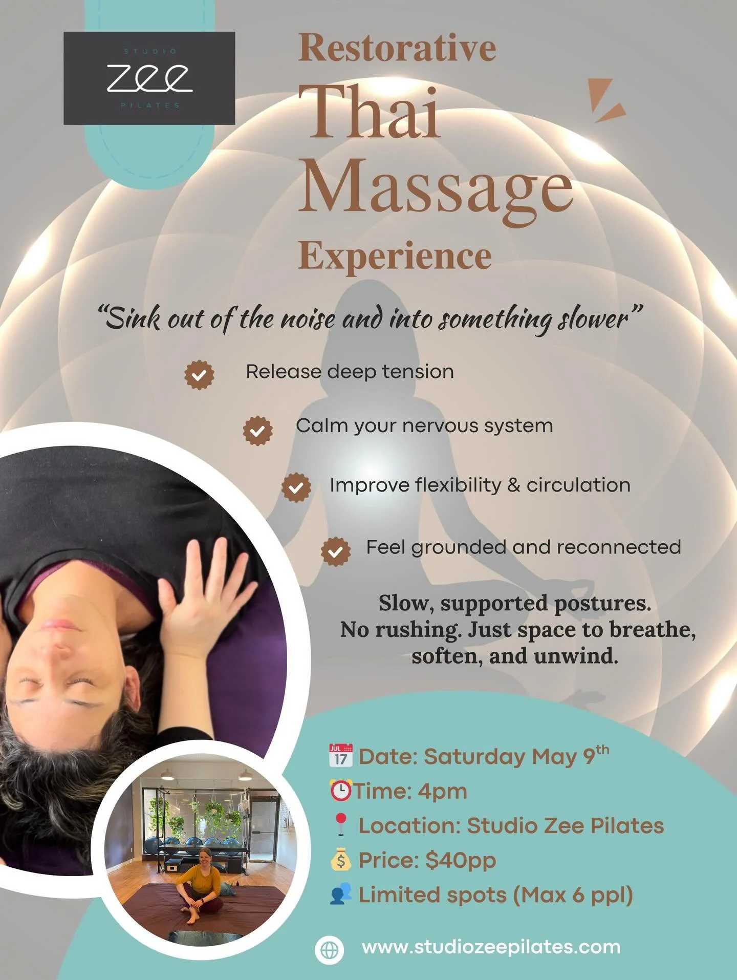 Sink out of the noise and into something slower ✨

Join us for a Restorative Thai Massage Experience&mdash;a 90-minute session designed to help you release tension, slow your mind, and reconnect with your body.

Through supported postures, gentle ass