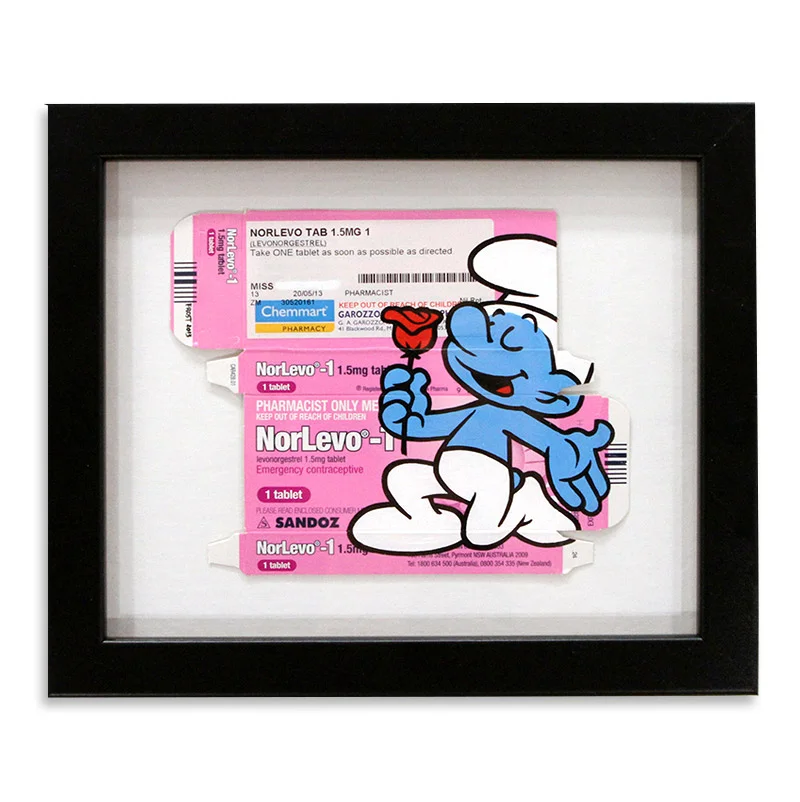 Ben Frost Morning After Smurf Acrylic on Pharmaceutical Packaging 8" x 9" $350 SOLD