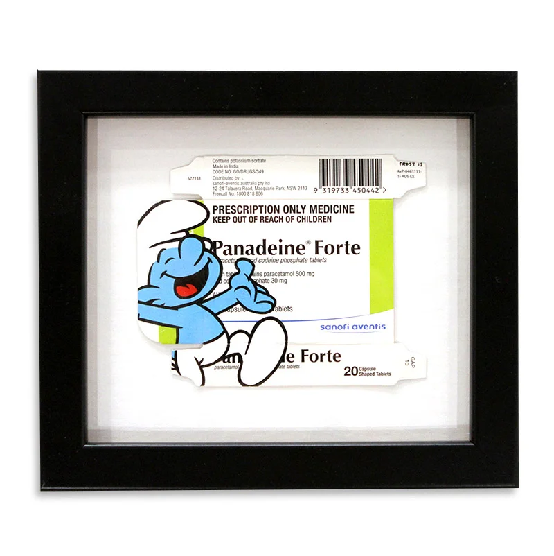 Ben Frost Smurf Forte Acrylic on Pharmaceutical Packaging 8" x 7" $350 SOLD