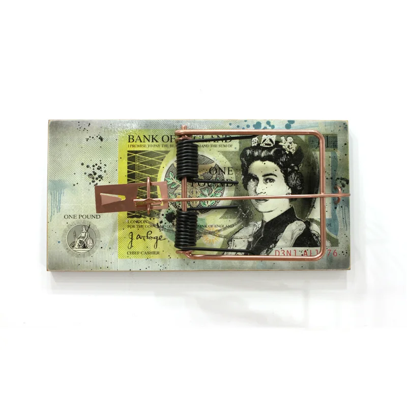 Denial British Rat Trap Spray Paint on Wood Panel with a Fixed Metal Sculpture Work 48" x 24" SOLD