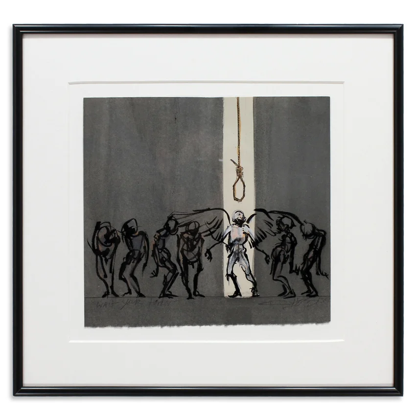 Wait Your Turn Pen, Ink, Acrylic 14.2" x 13.5" Framed SOLD