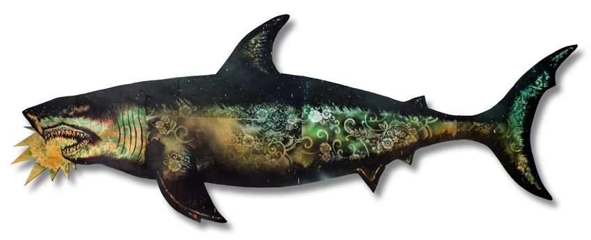 Migration Shark 3 Mixed Media on Laser Cut Wood 115"" x 43" x 1.75" SOLD Click Here to Purchase