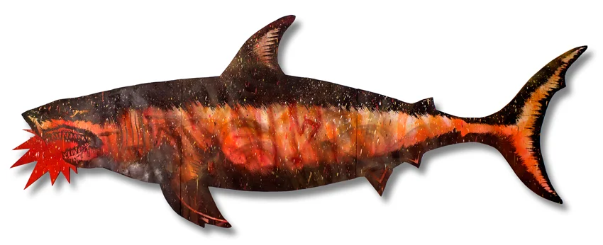 Migration Shark 5 Mixed Media on Laser Cut Wood 115"" x 43" x 1.75" $1200 Click Here to Purchase