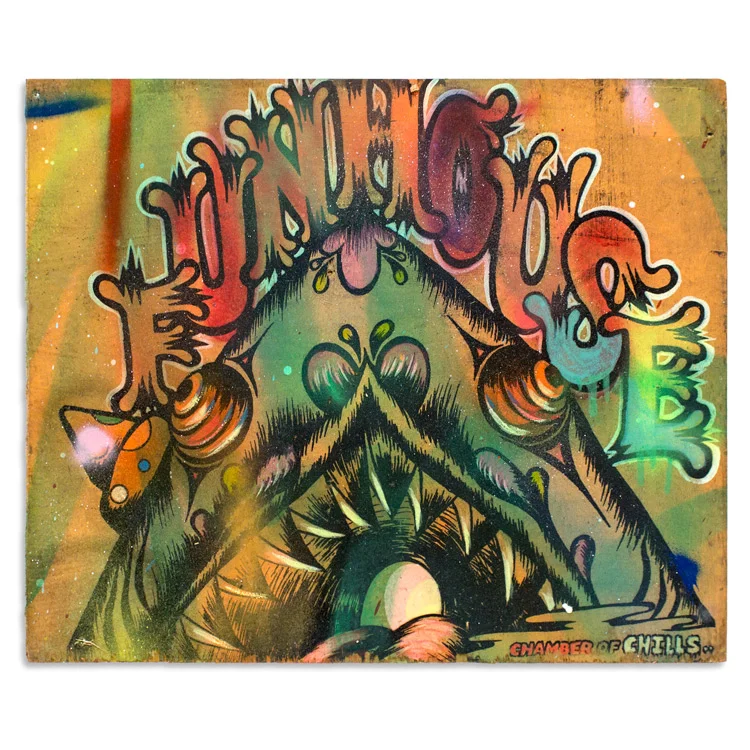 Funhouse Aerosol & Acrylic on Reclaimed Wood 16.75" x 14" SOLD Click Here to Purchase