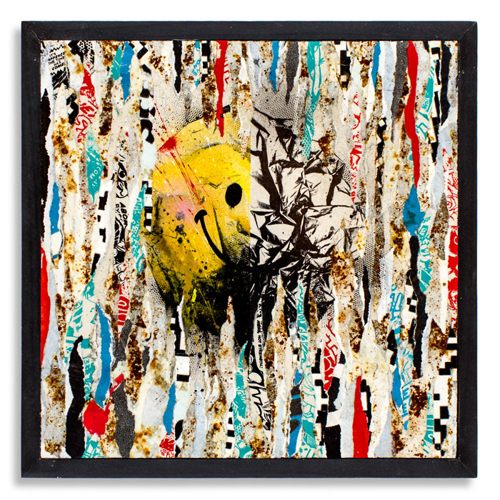 Torn Up 18 x 18 x 1.5 Inches Cradled Wood Panel Aerosol, Acrylic, Screen Print & Reclaimed Posters SOLD