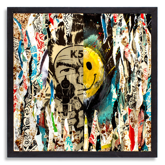 Torn Down 18 x 18 x 1.5 Inches Cradled Wood Panel Aerosol, Acrylic, Screen Print, Reclaimed Posters on Wood SOLD
