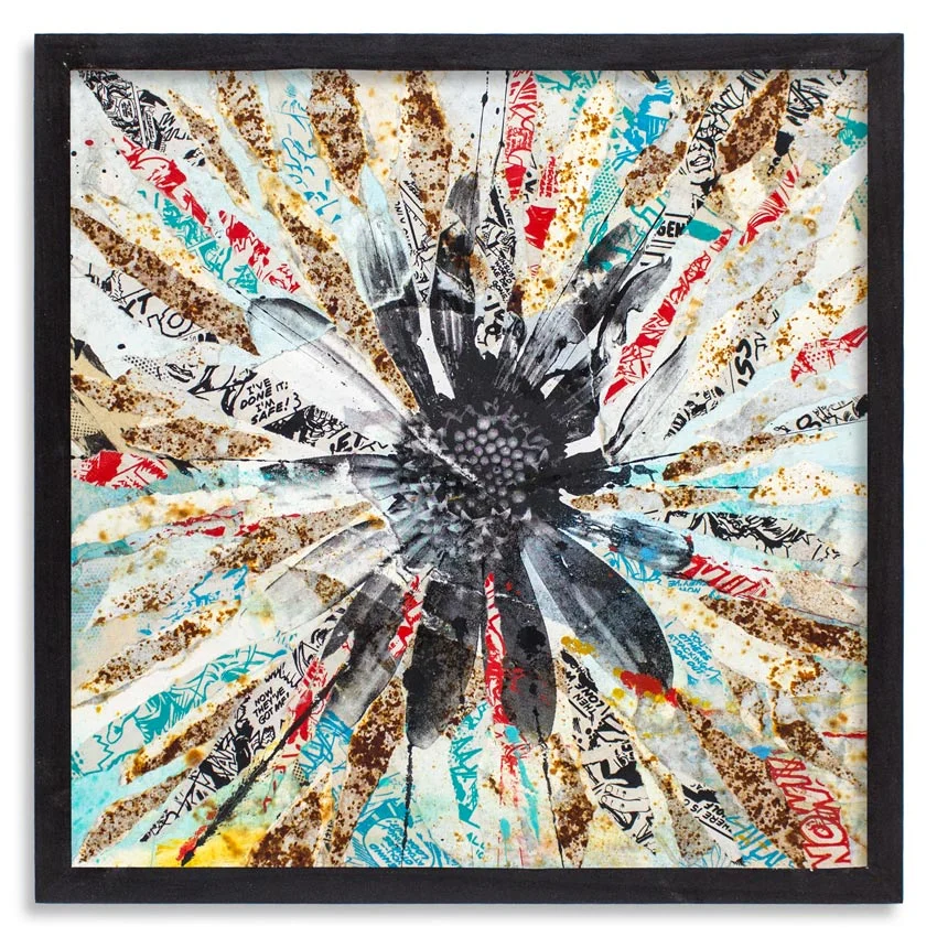 In Bloom II 17.5 x 17.5 x 1.5 Inches Cradled Wood Panel Aerosol, Acrylic, Screen Print & Reclaimed Posters SOLD