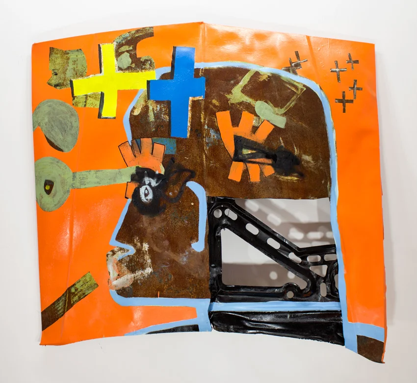 Spirit of Plato 63 x 56 x 14 Inches Mixed Media On Reclaimed Automobile Hood $8000 This piece was recovered from the War Room House arson attack on the Heidelberg Project in 2013. Over the past 4 months Guyton painstakingly reimagined, reworked and renewed this piece. 