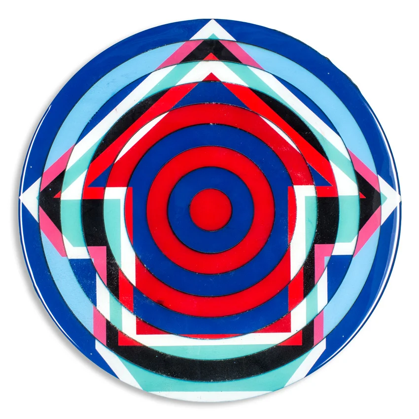 Bullseye - Madrid 18 x 18 x 2 inches / 45 x 45 x 5 cm Acrylic, Spray Paint & Screen Print Ink on Birch Wood Panel with Archival UV Protected Resin SOLD