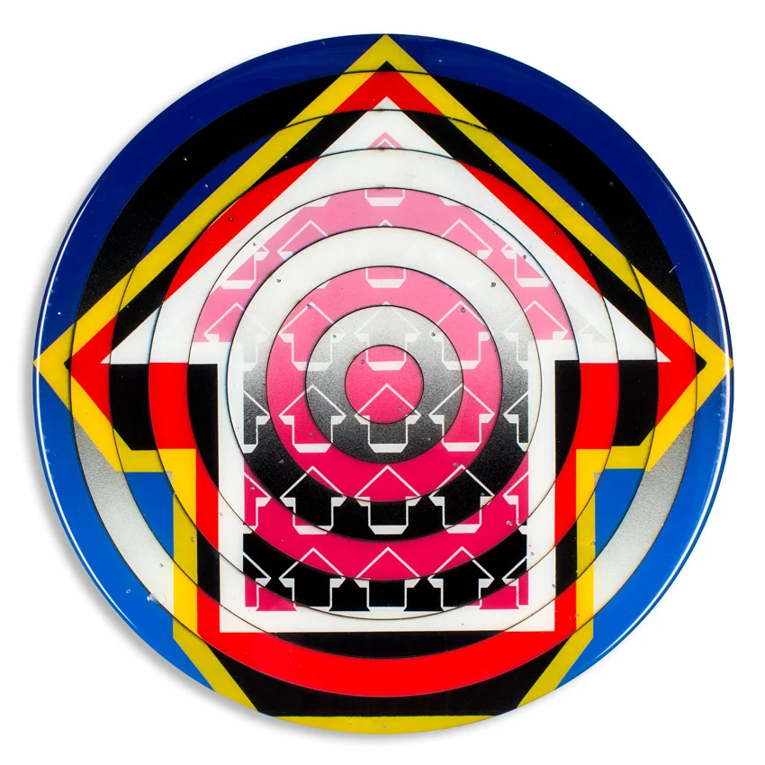 Bullseye - Milan 18 x 18 x 2 inches / 45 x 45 x 5 cm Acrylic, Spray Paint & Screen Print Ink on Birch Wood Panel with Archival UV Protected Resin $1500