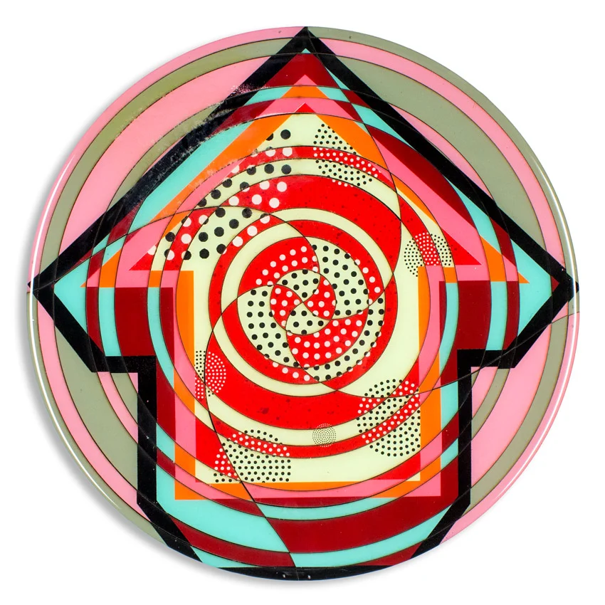 Spiral - Bordeaux 18 x 18 x 2 inches / 45 x 45 x 5 cm Acrylic, Spray Paint & Screen Print Ink on Birch Wood Panel with Archival UV Protected Resin SOLD