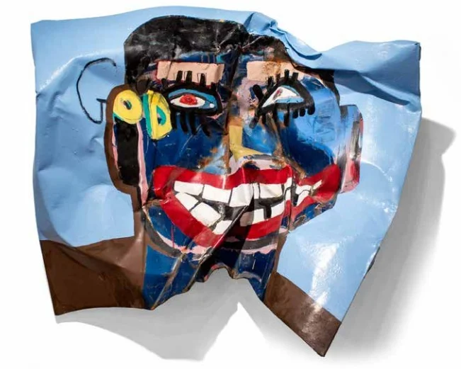 Tyree Guyon Timeless Time - 1996 Mixed Media On Reclaimed Automobile Hood 45 x 40 x 22 Inches Painted in 1996 and prominently featured on Heidelberg Street. This piece has toured extensively and was featured on display at the Detroit Historical Museum from 2010 - 2011. Inquire for availability 