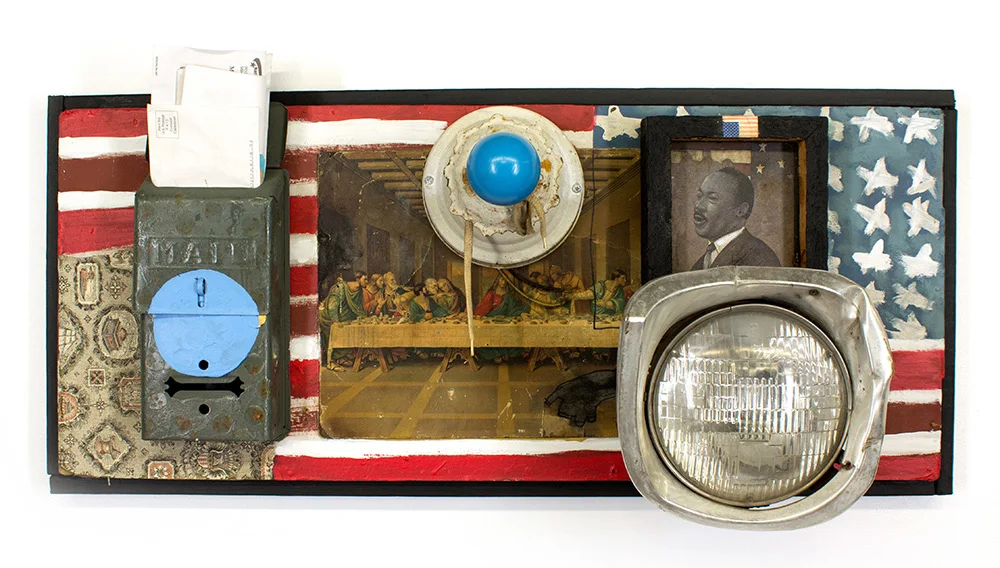 Tyree Guyton Invitation Only - 2003 Mixed Media on Wood Panel, Found Mail Box, Head Light & Light Fixture 16 x 35 x 10 inches $7,000.00