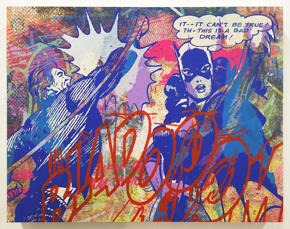 Greg Gossel It Can't Be True... (Silver) Edition of 6 with different color ways 18 x 14 x 1.75 inches - Screen Print and Mixed Media on Cradled Wood Panel Click here for additional info