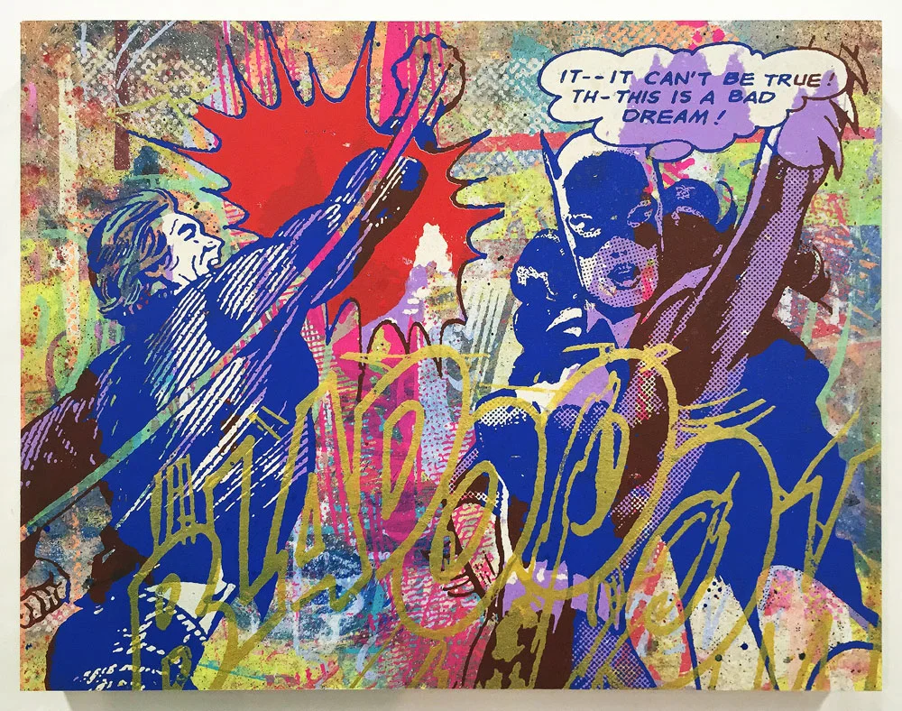 Greg Gossel It Can't Be True... (Blue) Edition of 6 with different color ways 18 x 14 x 1.75 inches - Screen Print and Mixed Media on Cradled Wood Panel 