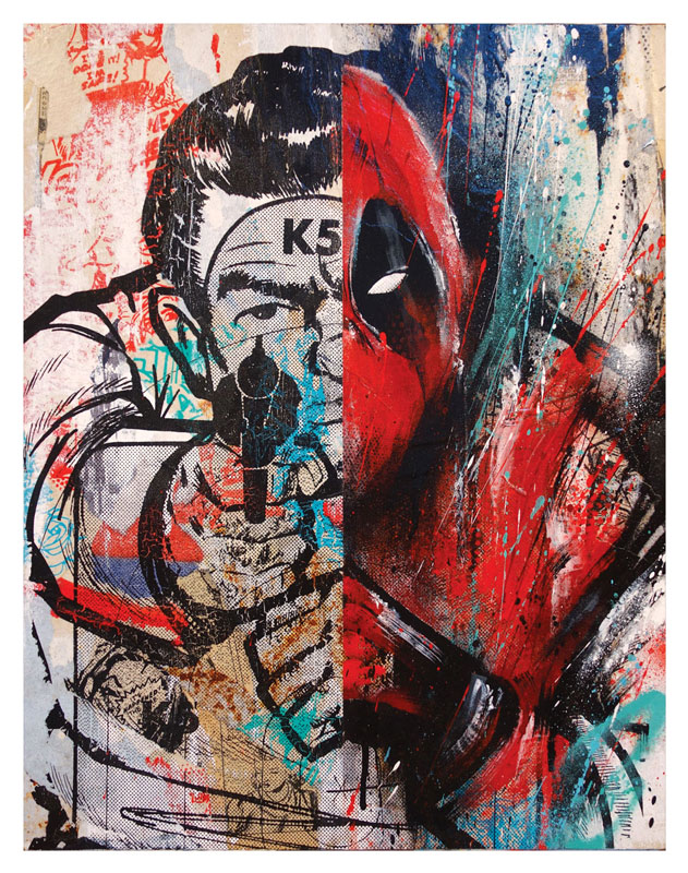 Meggs Deadpool (Classic Edition 1) 18 x 14 x 1.5 inches - Acrylic, Aerosol, Screenprint & Collage on Cradled Wood Panel Click here for additional info