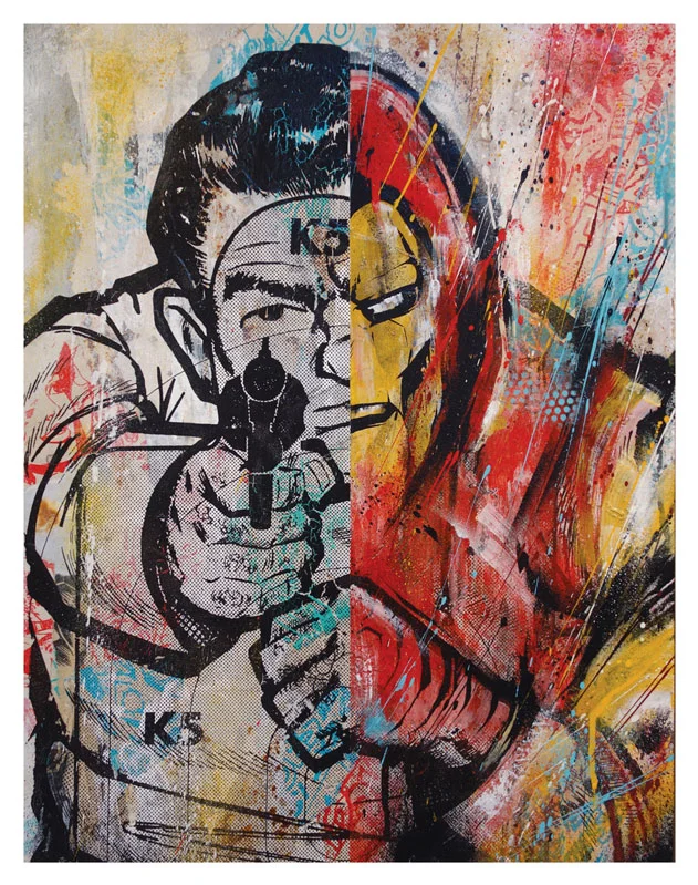 Meggs Ironman (Classic Edition 1) 18 x 14 x 1.5 inches - Acrylic, Aerosol, Screenprint & Collage on Cradled Wood Panel Click here for additional info