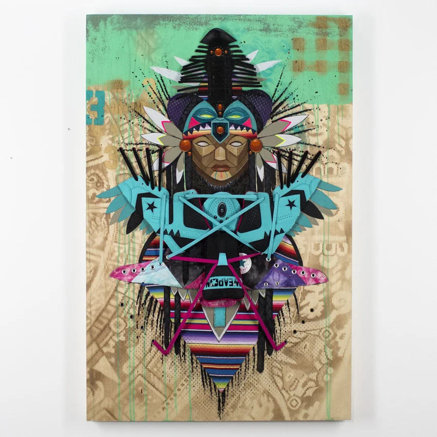 Marka27 Levitation Acrylic & Aerosol on Wood Panel with Laces & Leather Textile 91.5 x 60 cm // 24 x 36 inches $3000
