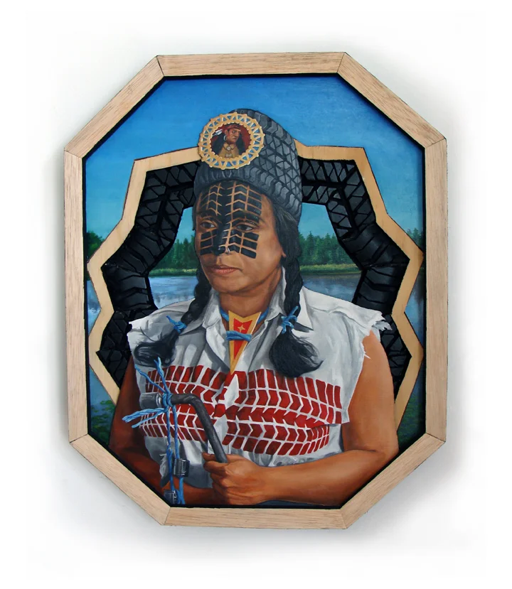 Peter Adamyan Honoring Chief Pontiac 16 x 20 Inches Oil on wood with found wood and car tire assemblage $800 