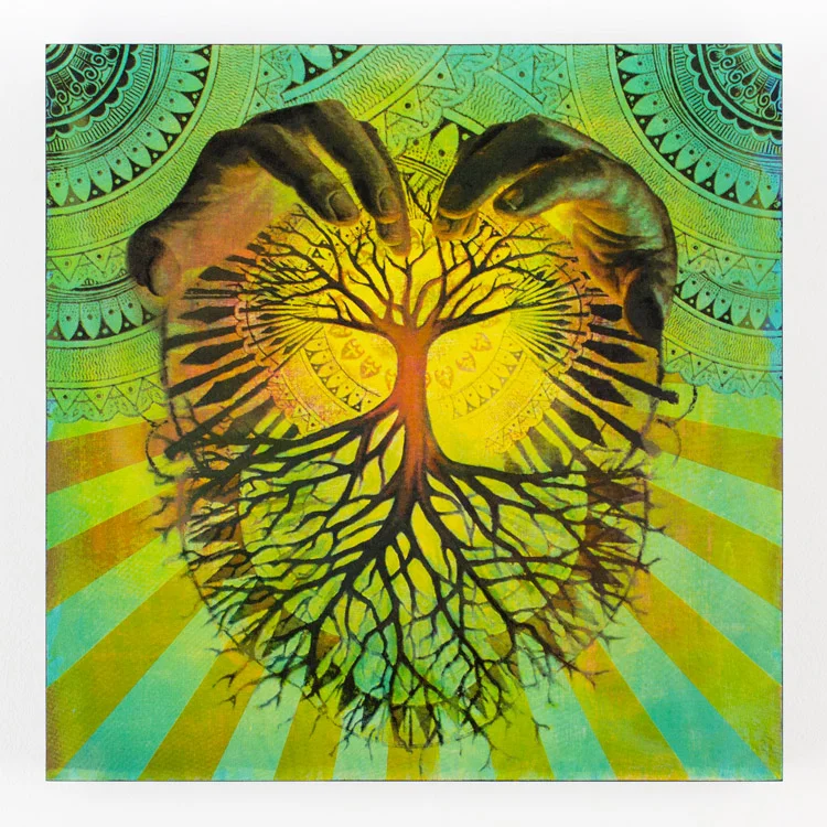 5. Beau Stanton Arbor Vitae Turquoise 16x16 Mixed Media & Screen Print On Cradled Wood Panel SOLD