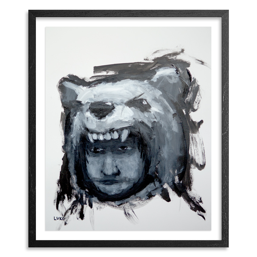 Boy in Bear Costume 14 x 17 Inch Acrylic on 100lb Bristol Paper Float mounted on acid free backing in a 1 inch black wood frame & UV glass $1700