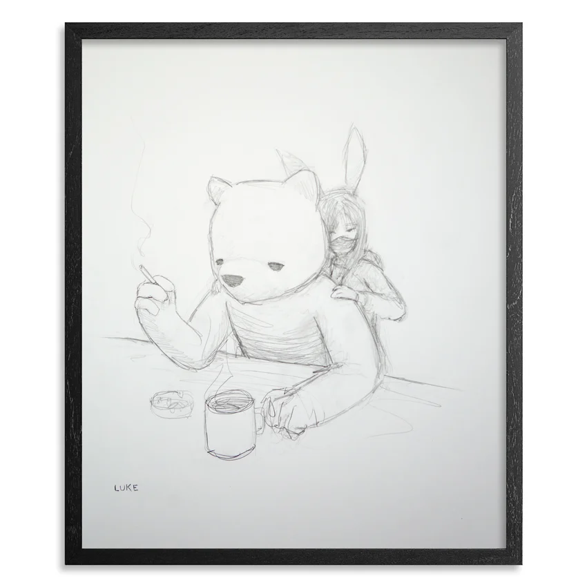 The Bear & The Bunny 14 x 17 Inch Graphite on 100lb Bristol Paper 1 inch black wood frame & UV glass and acid free backing SOLD