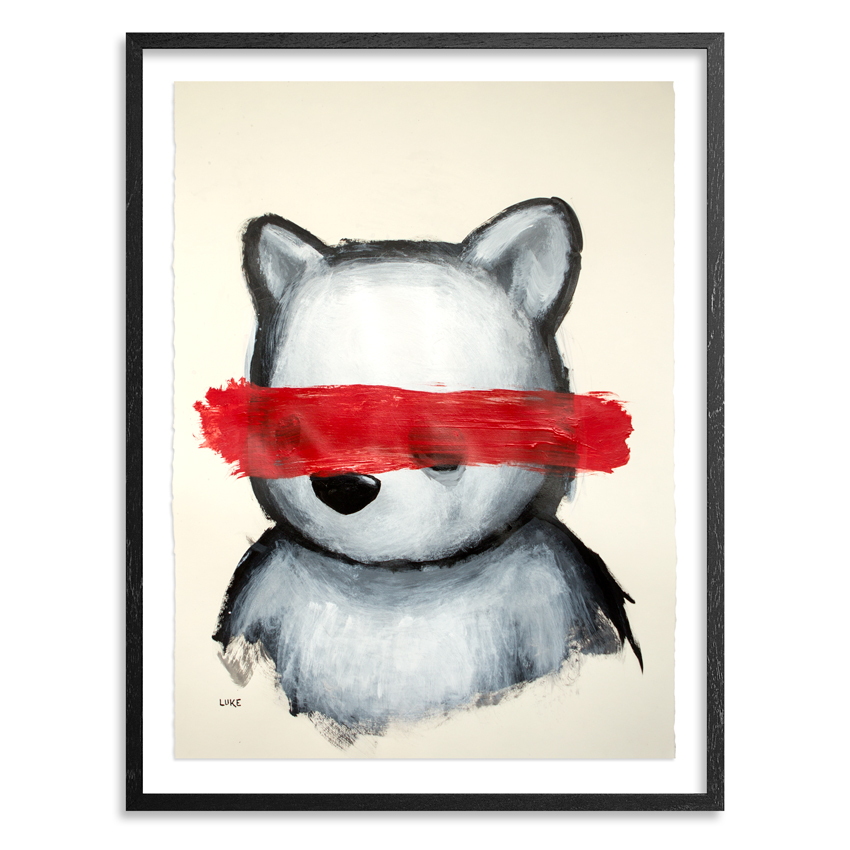 Bear and the Red Censor Bar 22.25 x 30 Inch Acrylic on 290gsm Coventry Rag Fine Art Paper Float mounted in 1.5 inch black wood shadow box frame with acid free backing SOLD