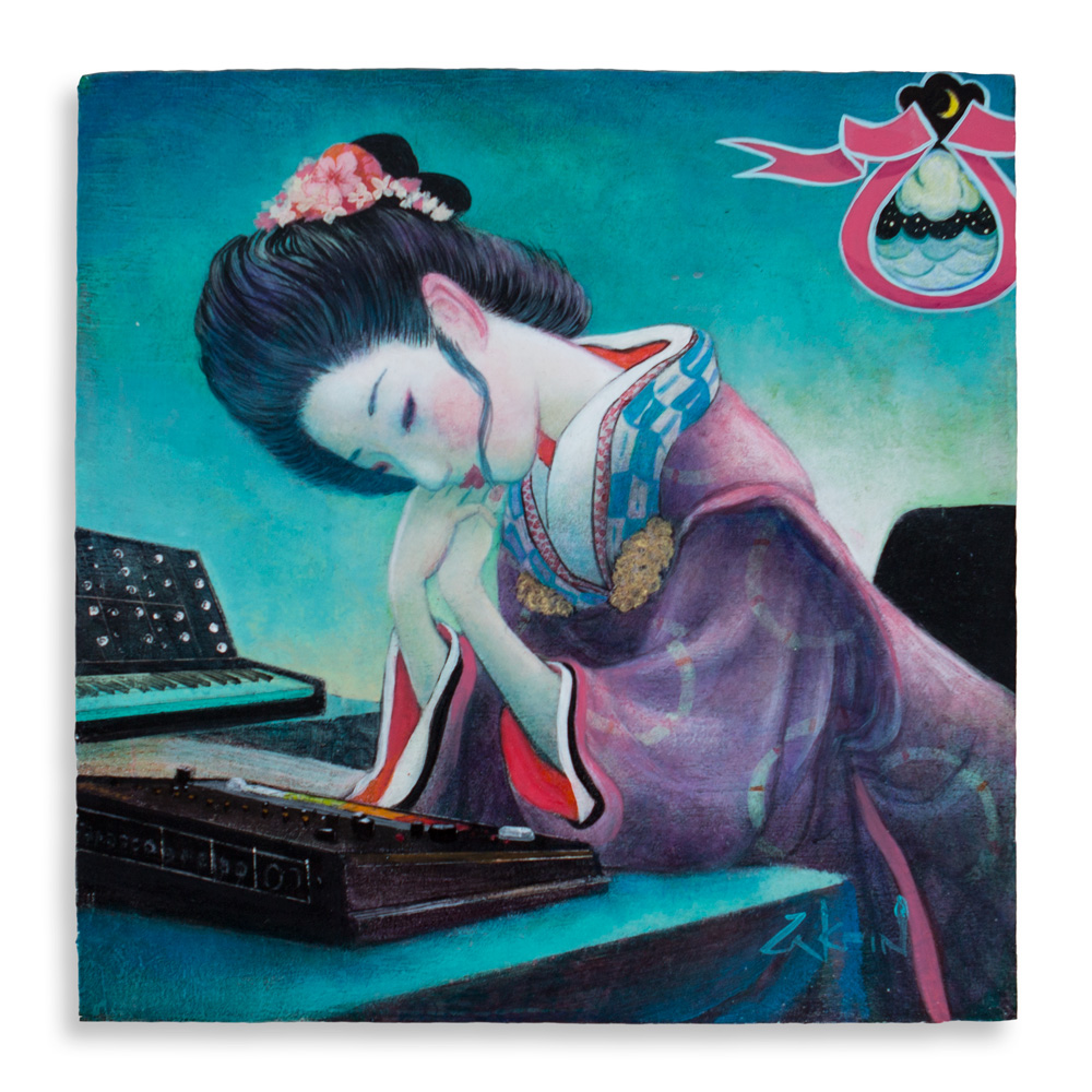 Girl with Drum Machine in Green 12" x 12" Acrylic on Panel SOLD