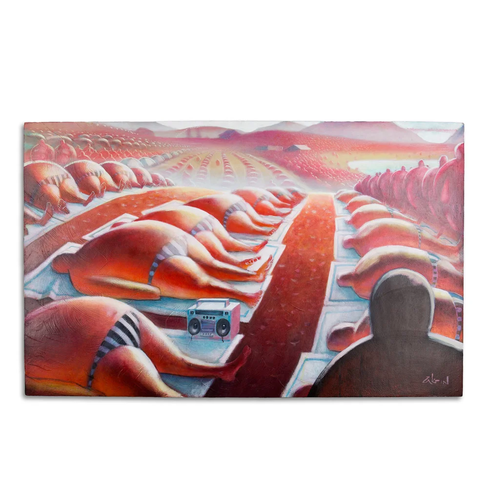 On a Beach in the Near Future 25" x 42" Acrylic on Masonite Panel $1,500