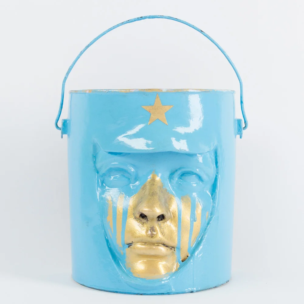 Bucket Head #1 Approx. 7" x 11" Paint Can and Mixed Media $350