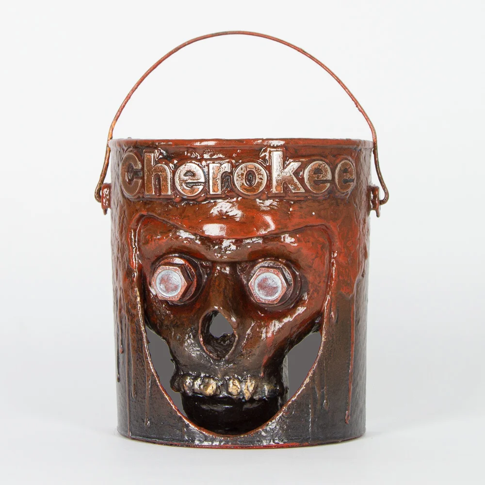 Bucket Head #15 (Cherokee) Approx. 7" x 11" Paint Can and Mixed Media $350