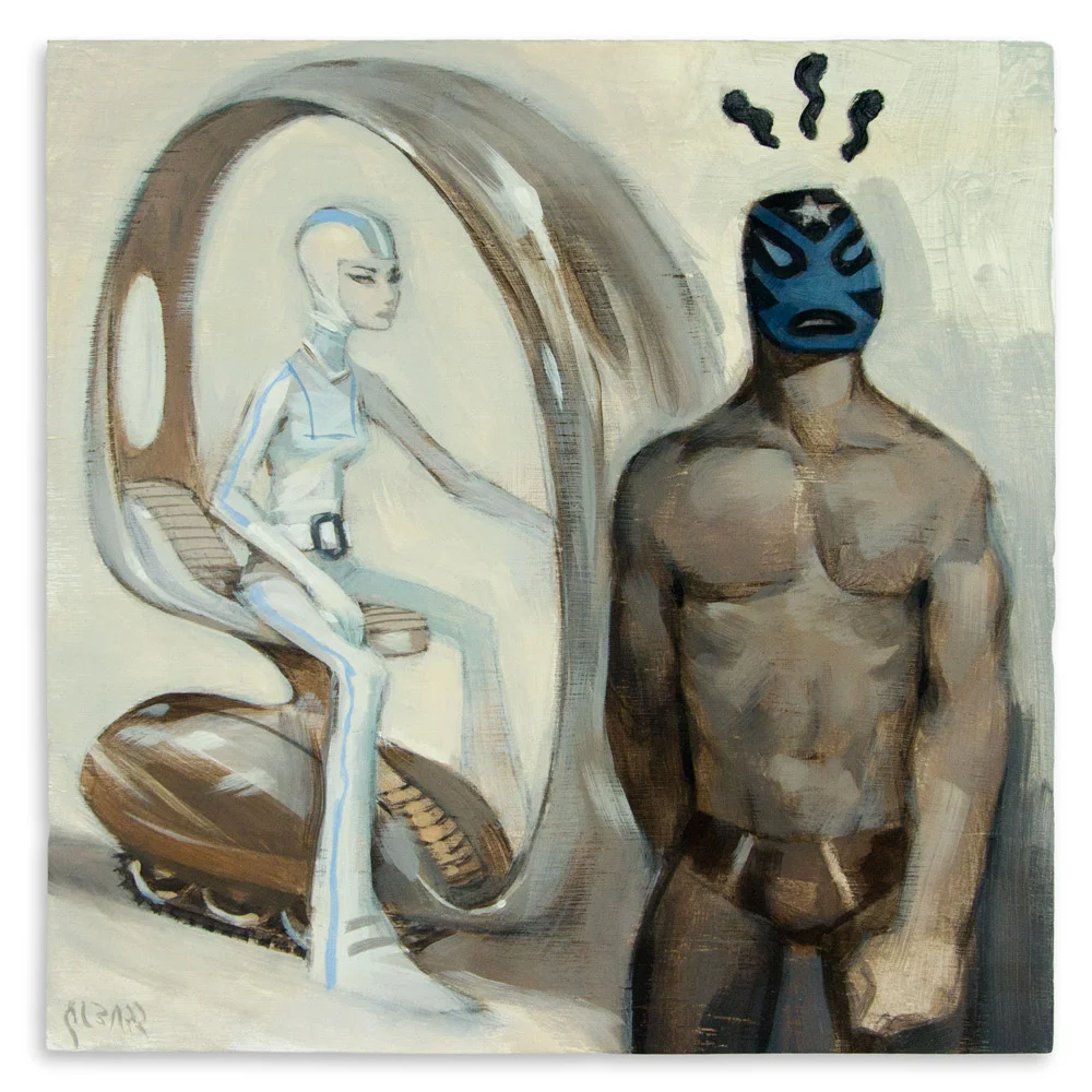 Scooter and Wrestler 11" x 11" Acrylic on Wood Panel $1,500