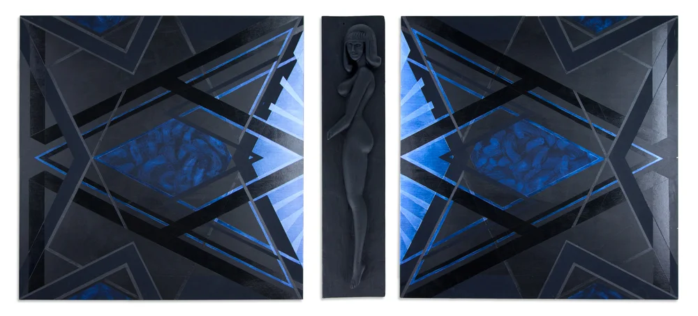 Modern Woman of Willendorf - Tryptych 54" x 72" Flashe and Acrylic on Wood Panel and Found Wooden Object $2,400