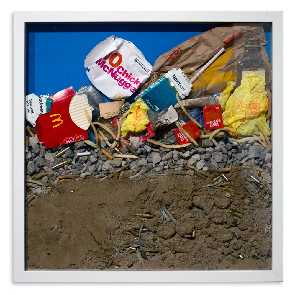 Gold Rush 24" x 24" Chicken McNuggets, Dirt, Found Objects, Shell Casings $750