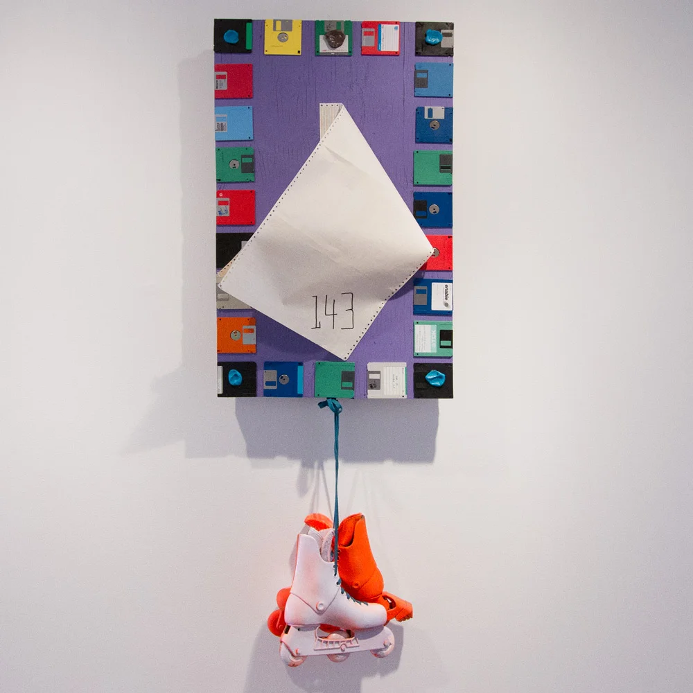 That Place I Put That Thing That Time 64" x 22.5" x 7" Wood, Acrylic, Floppy Discs, Dot Matrix Paper, Rollerblades, Gum $1,001